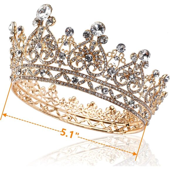 Women's Gold Full Round Diamond Crystal Bridal Wedding Crowns Tiaras Headband - Picture 2 of 4